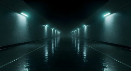 Dark Underground Tunnel - Overhead Lights, Urban Exploration, Mysterious Passage, Subterranean Journey, Creepy Atmosphere, Long Corridor