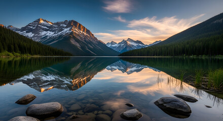 Majestic mountain range reflected in serene lake at twilight, surrounded by verdant forests, creating a tranquil and breathtaking natural spectacle during a calm evening hour