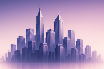 Obraz premium Modern city skyline with tall skyscraper buildings and soft purple sky background
