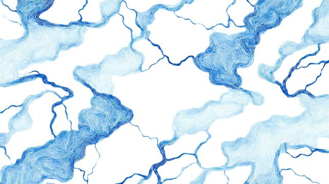 Watercolor illustration of meandering blue rivers/creeks flowing across a white background