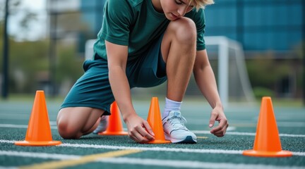 teen leadership sports concept. Athletic person adjusts cones on a sports field for training drills.