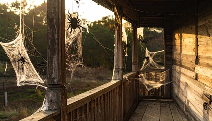 Rustic Wooden Porch Decorated with Cobwebs and Fake Spiders at Dusk