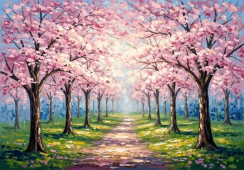 Modern Impressionist Cherry Blossom Avenue Oil Painting – Tranquil Spring Pathway with Vibrant Pink Blooms and Sunlight