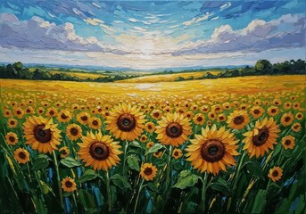 Fototapeta premium Modern Impressionism Sunflower Field Oil Painting - Vibrant Rural Landscape with Dramatic Sky and Lush Bloom