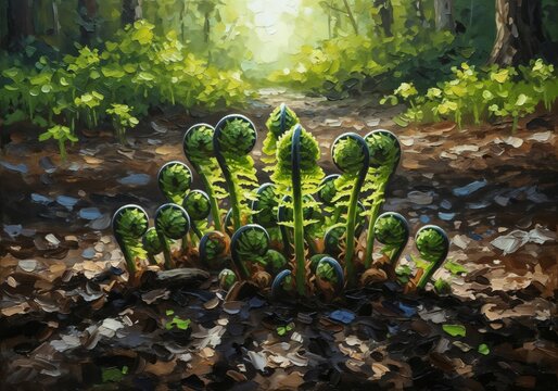 Modern Impressionist Oil Painting of Fiddlehead Ferns - Young Forest Growth Illuminated by Sunlight in Spring Woodland