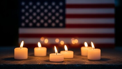 Serene Candlelit Memorial with American Flag Background for Remembrance, Tribute, and Patriotic Mood, Candle Flames Creating Warm Lighting in Dark Setting for Memorial Day or Honoring Service Members