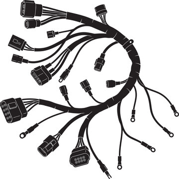 Flat black motorcycle wiring harness silhouette vector icon on transparent background