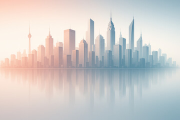 Fototapeta premium Modern city skyline with tall buildings and soft light reflecting on water