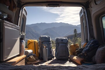 Back of Camper Van Filled with Road Trip Essentials for Adventurers and Travel Enthusiasts