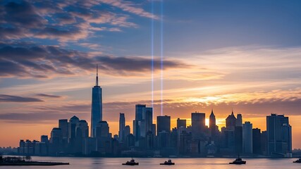 Stunning New York City Skyline at Sunset Featuring Iconic Skyscrapers Including One World Trade Center and a Vibrant Multicolored Sky with Calm Water in Foreground, Perfect for Urban Lifestyle,