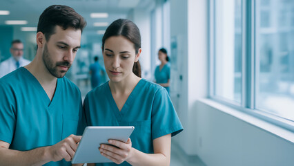 Patient data privacy is discussed by medical staff using digital tablet in hospital hallway
