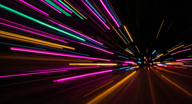 Neon light trails in motion: long exposure abstract background with colorful streaks on black, radial speed lines and bokeh sparks, futuristic cyberpunk hyperspace warp effect, horizontal, copy space - Powered by Adobe