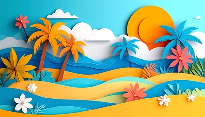 Obraz premium Paper Cutout Tropical Beach Scene with Palm Trees and Ocean Waves.