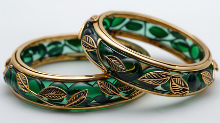Elegant Green Glass Bangles with Elegant Gold Motifs 
