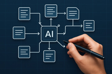 AI concept with hand drawing flowchart and connected data blocks on dark background