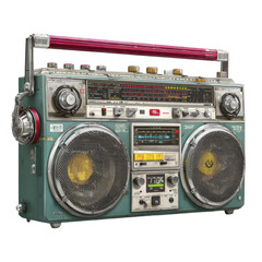 Vintage teal boombox with chrome accents and red handle featuring multiple dials and speakers