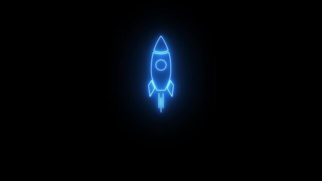 Neon rocket icon icon animation. glowing rocket icon isolated on black background motion graphics. spaceship icon video.  Space Exploration, Launch Technology movement.