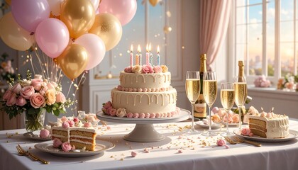 Elegant birthday celebration table with a beautiful tiered cake, pink and gold balloons, and glasses of champagne in a sunlit room
