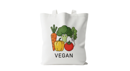 Vegan Grocery Bag with Cartoon Vegetables on White Canvas Background