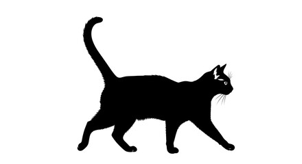 A sleek black cat is captured in a side profile silhouette, walking gracefully with its tail held high.