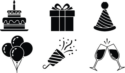 festive birthday icons featuring cake, gift, hat, balloons, confetti, and wine glasses for a joyous celebration