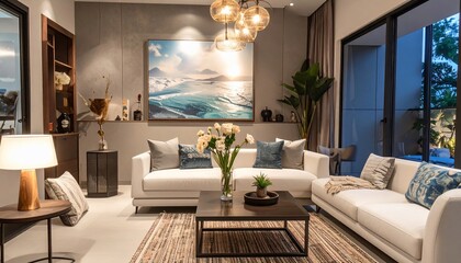 Luxurious living room interior with elegant furniture, art, and ambient lighting