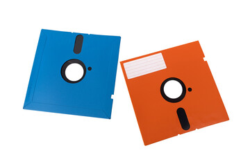 Retro vintage storage unit of computer. Old orange blue diskette or floppy disk 5.25" with empty label sticker isolated on transparent background or png file.