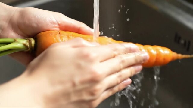 Person carefully washing a fresh raw carrot under running water.