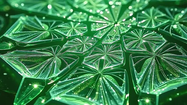Explode crystal fractal mirror patterns shimmer wildly, crystalline reflections multiplying rapidly on a smooth green background, producing hypnotic visual storytelling.