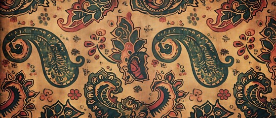 Intricate paisley pattern with floral elements on textured, warm-toned fabric