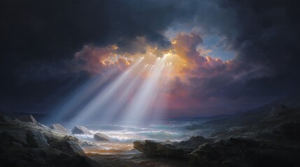 Fototapeta premium Sun rays streaming through dramatic clouds