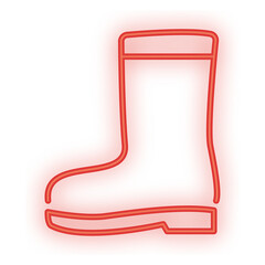Doodle Neon Signboard of a glowing red rubber boot, representing rain, outdoor gear, or seasonal fashion on a transparent background