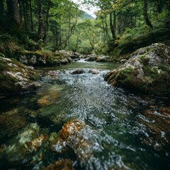 Fototapeta premium Tranquil Slow Motion Water Flow in Mountain Stream