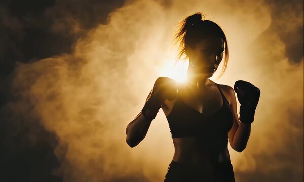 Female Boxer Training with Boxing Gloves in Dark Ring with Smoke and Dramatic Backlight Effect