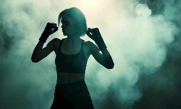 A Female Athlete Practicing Boxing and Martial Arts in the Ring with Fog and Spotlight Effect
