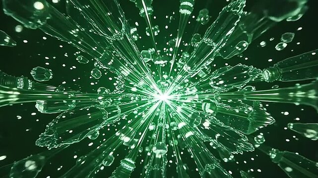 Explode crystal fractal mirror patterns cascade chaotically, fracturing light into intricate crystalline reflections that glow brightly on a pure green background, perfect for advanced