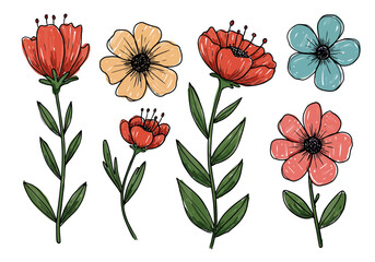 Colorful floral collection adds a vibrant touch, perfect for spring designs and botanical themes with elegant blossoms. Set of decorative floral doodles elements. Flat cartoon vector illustration.