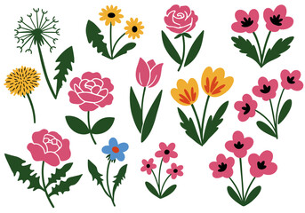 Vibrant collection of stylized flowers including roses, tulips, and dandelions in cheerful colors. Set of flowers doodles. flat style illustration