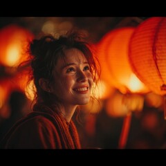 Bright Lanterns and Smiling Woman at Night Market