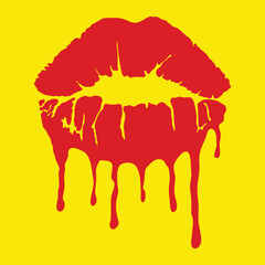 Abstract Red Dripping Lips on Yellow Background