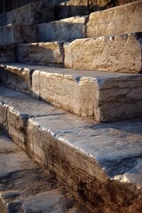 A stone bench with a stone wall in the background