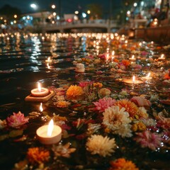 Floating Krathongs in Serene Waters at Night