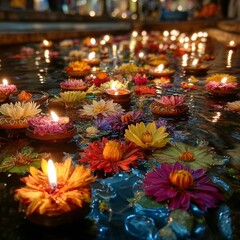 Colorful Krathong Floating in Serene Water