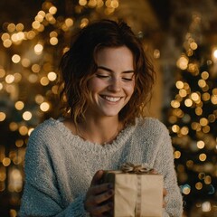 Woman Holding Gift Box with Holiday Decorations