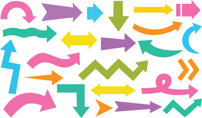 Colorful arrow vector doodle set featuring bold, playful, curved, and abstract arrows. Perfect for infographics, presentations, web design, social media graphics, marketing, icons, UI elements	