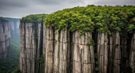 Fototapeta premium Towering, sheer rock cliffs covered in lush green trees rise dramatically against a cloudy sky in a majestic canyon