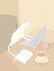 Cozy Cat Working at Desk in Minimalistic Setting