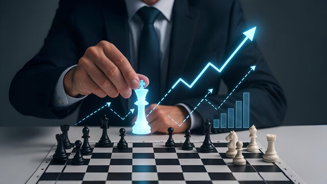 Businessman Strategizing with Glowing Chess Piece and Market Arrows on White Background - Powered by Adobe