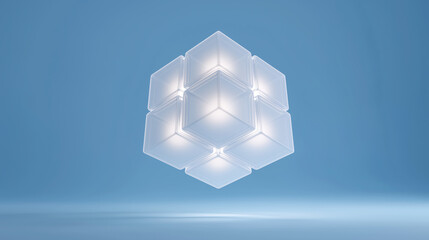 Futuristic 3D structure of glowing translucent cubes in symmetrical formation, floating on a gradient blue background. Ideal for digital art, tech branding, and conceptual design.