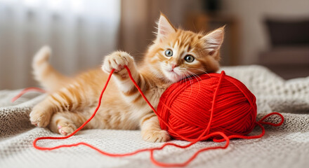 A playful orange tabby kitten is lying on a textured blanket, batting at a large ball of bright red yarn with its paw.